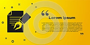 Black Exam sheet and pencil with eraser icon isolated on yellow background. Test paper, exam, or survey concept. School