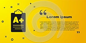 Black Exam sheet with A plus grade icon isolated on yellow background. Test paper, exam, or survey concept. School test