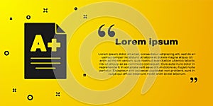 Black Exam sheet with A plus grade icon isolated on yellow background. Test paper, exam, or survey concept. School test