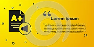 Black Exam sheet with A plus grade icon isolated on yellow background. Test paper, exam, or survey concept. School test