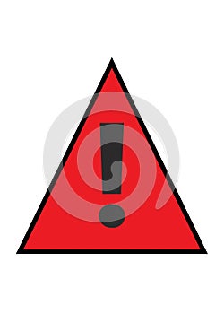 A black exclamation mark bright red triangular warning sign white backdrop