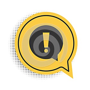 Black Exclamation mark in circle icon isolated on white background. Hazard warning symbol. Yellow speech bubble symbol