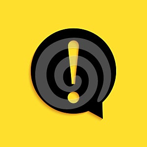 Black Exclamation mark in circle icon isolated on yellow background. Hazard warning symbol. FAQ sign. Copy files, chat