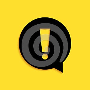 Black Exclamation mark in circle icon isolated on yellow background. Hazard warning symbol. Long shadow style. Vector