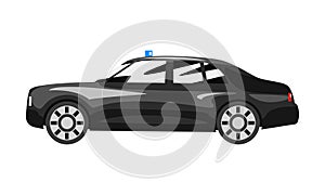 Black executive car with blue flasher siren, business luxury vehicle side view vector Illustration on a white background