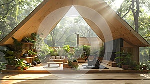 Black exercise bicycle in wooden house with wooden roof, furniture, and structural beams. Modern trend of integrating photo
