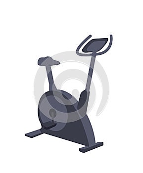 Black exercise bike Modern cartoon clip art isolated on white background. Stationary bicycle Flat icon vector