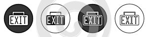 Black Exit icon isolated on white background. Fire emergency icon. Circle button. Vector