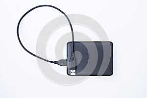 Black external drive on white background