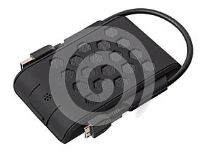 The black external hard disk is isolated on white.