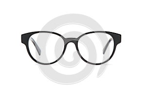 Black eye glasses in round frame transparent for reading or good vision, front view isolated on white background. Glasses mockup
