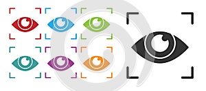 Black Eye scan icon isolated on white background. Scanning eye. Security check symbol. Cyber eye sign. Set icons