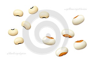 Black-eyed peas and Steuben yellow eye beans isolated on white background. Top view