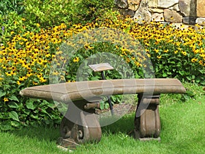 Black Eyed Susan flowers and a stone bench in an outdoor garden