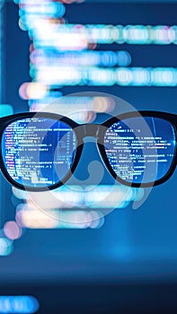 Black eyeglasses reflecting glowing blue computer code on a dark background