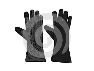 Black fabric gloves with leather inserts isolate on a white background. Mittens for work and everyday wear, for the military and