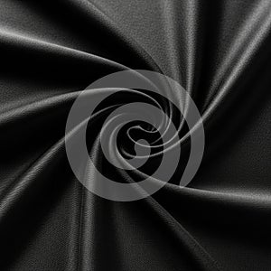 A black fabric with a smooth texture forms a spiral pattern, creating a sense of