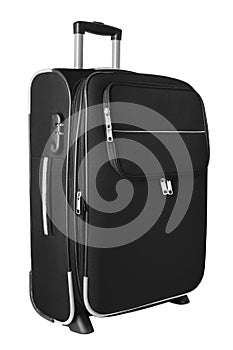 Black fabric travel suitcase wheels, zipper, handle, lock white background isolated side view, baggage case, luggage trolley bag