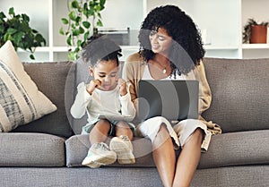 Black family, child and funny selfie with technology on home couch for remote work or online education. Woman or mother