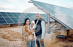 Black family, children or solar energy with a baby, mother and father on a farm together for sustainability. Kids, love