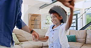 Black family, dance or love with a father and daughter together on holiday in home living room. Smile, music or happy
