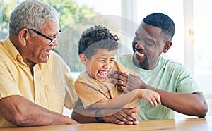 Black family grandfather, child and father playing, having fun and enjoy time together in Angola home. Bonding, love and