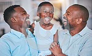 Black family, grandfather or dad laughing with child bonding or playing to relax together at home. African grandpa