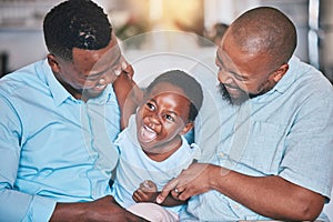 Black family, grandfather or dad playing with child bonding or laughing to relax together at home. African grandpa