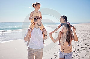 Black family, happy and beach summer vacation with quality time with children by the sea. Happiness of mother, man and