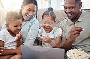 Black family, laptop and sofa for movie, popcorn and streaming on internet in home living room together. Happy family