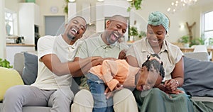 Black family, laughing and parents with child on sofa at home for bonding and quality time. Happy, lounge and happy