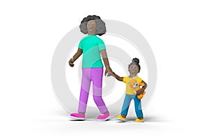 Black Family Mother walking with Daughter holding Toy Bear Peopl