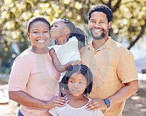Black family, outdoor fun and smile of parents bonding and spending free time with their children on a sunny day