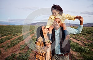 Black family, piggyback and portrait at agriculture farm, laughing at funny joke and bonding together. Love, agro and