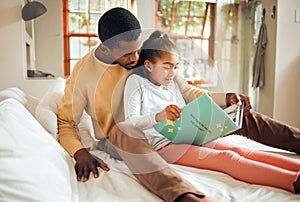 Black family, reading book and learning while on a bed for story time in house bedroom. Man or dad teaching girl child
