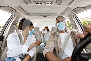 Black Family Riding Car Wearing Face Masks Gesturing Thumbs Up