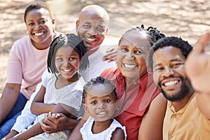 Black family, selfie and bonding in nature picnic, garden and backyard environment with men, women or children. Portrait