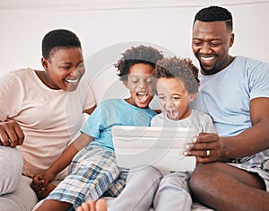 Black family, tablet and excited kid game of a mother, dad and children in a home at morning. Digital app, online and