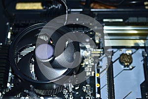 Black fans on the motherboard in the PC and processor