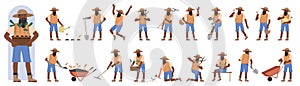 Black farm worker in different poses set, old man farmer working in front, side or back view