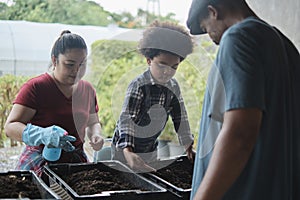 A Black farmer family prepares bio-fertilizer together by earthworm in the soil