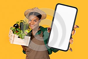 Black Farmer Lady Holding Box With Fresh Harvest And Phone