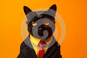 Black fashion business cat with glasses on a bright yellow background.