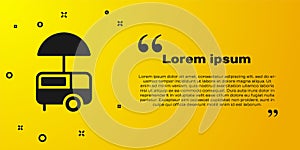 Black Fast street food cart with awning icon isolated on yellow background. Urban kiosk. Ice cream truck. Vector