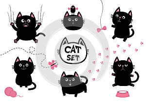 Black fat cat set. Bird, butterfly, bow, pawprint, clew ball, paw print. Nail claw scratch, sitting, smiling. Cute cartoon charact