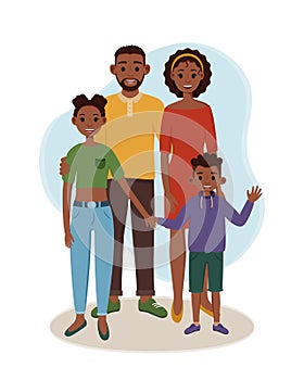 Black father and mother with their children are standing. Vector illustration of happy parents with daughter and son