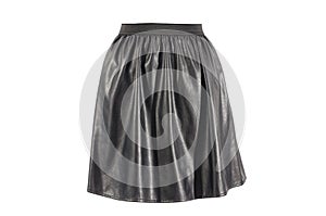 Black faux leather skirt isolated on white background.
