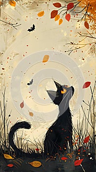 Black Felidae cat watching leaves fall in grass, with whiskers and tail