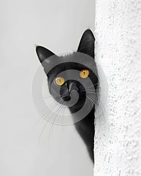 A black Felidae with yellow eyes peers from behind a white wall