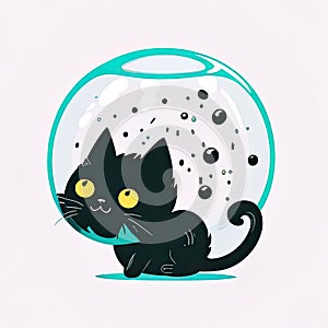 Black Feline cat with cyan bowl, and water droplets